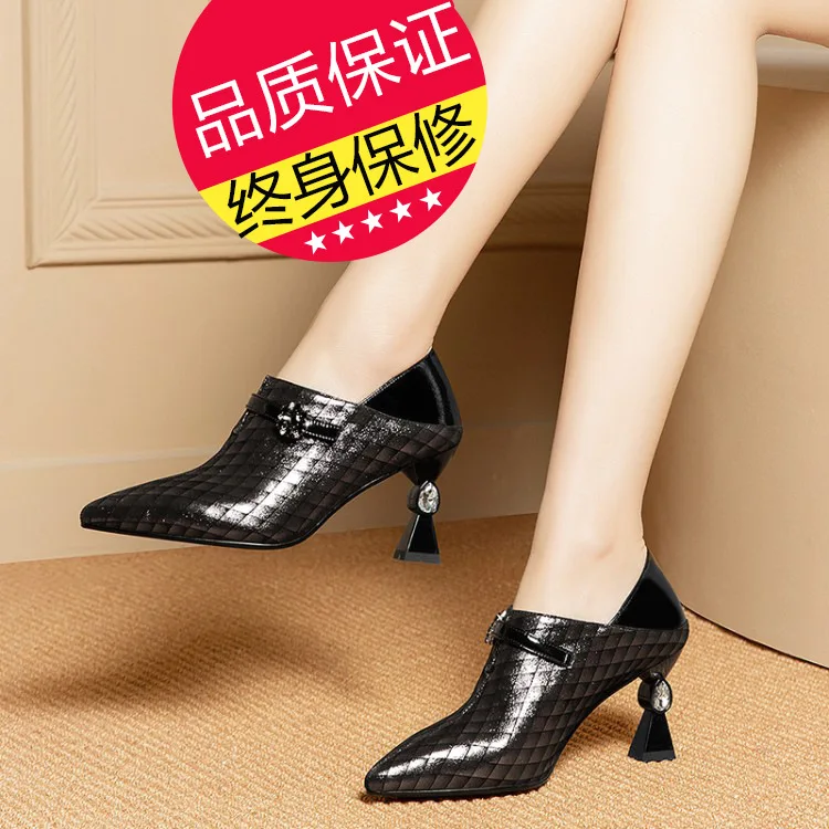

2019 New Style Spring And Autumn Deep-mouth Thin Shoes Women's Genuine Leather Shoe Pointed-Toe High Heel Shoes Wine Spring Shoe