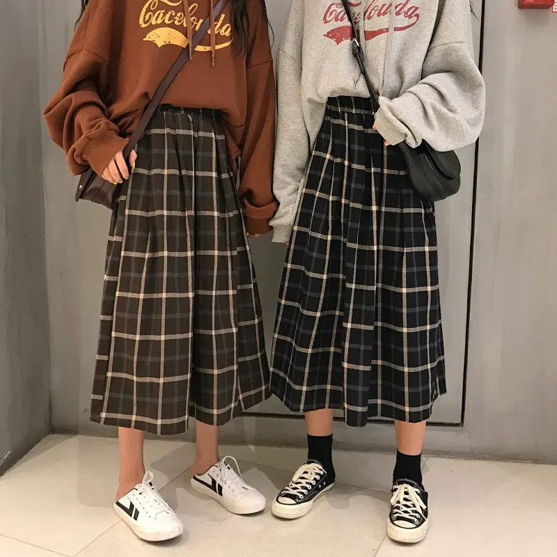 Японский консервативный Стиль Осень-Зима Женская юбка с высокой талией винтажная клетчатая Saias Longo элегантные милые плиссированные юбки для девочек