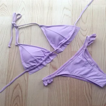 

Elegant Purple Swimsuit Woman Hollow Bikini Woman Quality Pleated Swimsuit Solid Color Bikini Set 2020