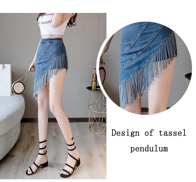 Юбка эластичная сила короткая юбка А-образная джинсовая юбка новый узор высокая талия ягодицы женские летние сплайсинга