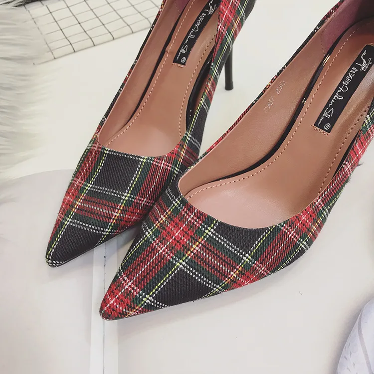 

2018 Spring Summer Plaid Colored Cloth Simple Thin Heeled High-heeled Shoes Korean-style Low-Cut Versatile Fashion Comfortable S