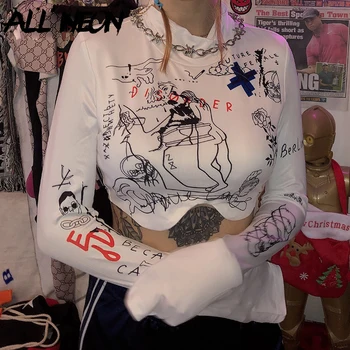 

ALLNeon Turtleneck Print Female Short T-shirts Fashion Long Sleeve With Print Tops For Women 2019 Autumn New