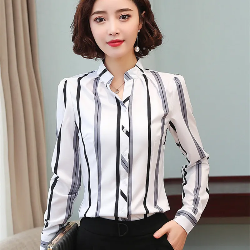 Korean Chiffon Shirts Women Striped Blouse Woman Floral Shirt Women Long Sleeve Print Blouses Tops Plus Size Woman V Neck Shirts