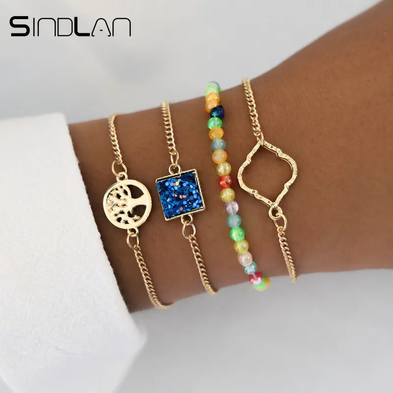 

Sindlan 4PCs European Colorful Beads Bracelets for Women Hollow Life tree Blue Square Charm Boho Bracelets Set Wrist Jewelry