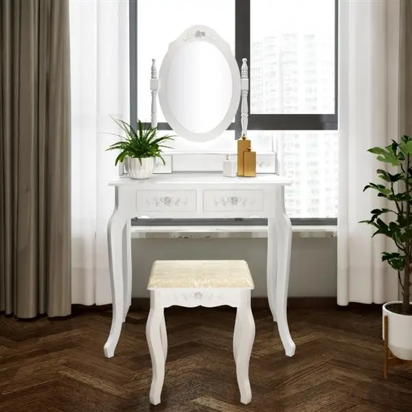 

Modern Concise 4-Drawer 360-Degree Rotation Removable Mirror Dresser White Refined workmanship,meticulous design vanity dresser.