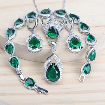 

925 Sterling Silver Green Drop CZ Bridal Jewelry Sets For Women Wedding Bracelets Rings Stone Earrings Pendants Necklace Set