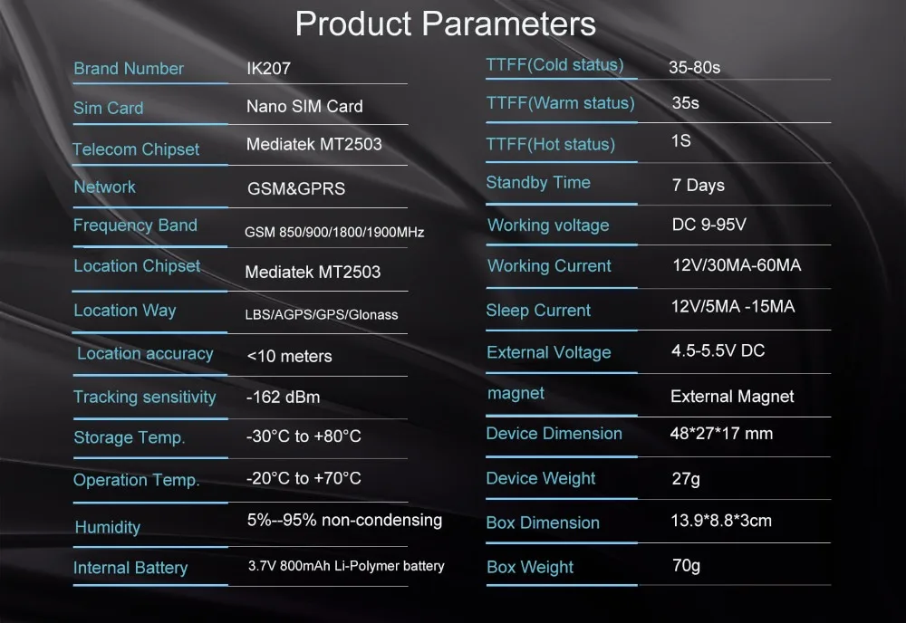 parameters of IK207 gps tracker