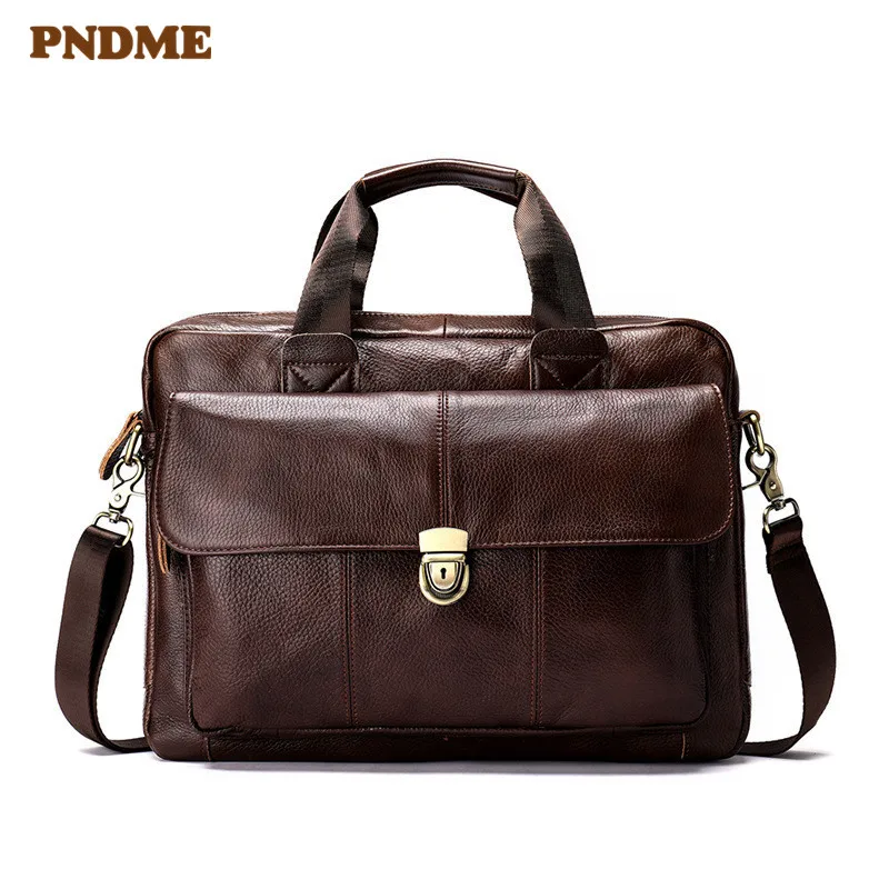 

PNDME casual retro soft genuine leather men's briefcase business first layer cowhide laptop bag designer brown messenger bags