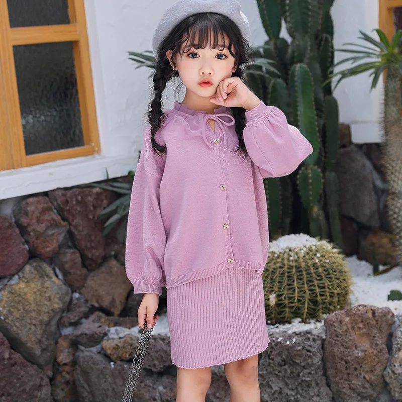 

Baby Girl 2pcs Sweater Outfits Autumn Winter Girls Sweater Set Children Knitted Sweater Cardigan + Dress 2pcs Suit Kids Girls
