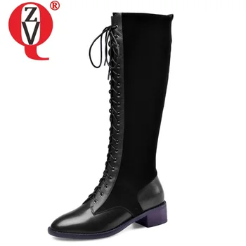 

ZVQ winter new fashion knee high boots outside comfortable mid heels genuine leather zip cross-tied women shoes drop shipping