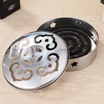 

Frame safe metal round rack plate portable spiral with cover mosquito coil holder tray incense insect repellent random color
