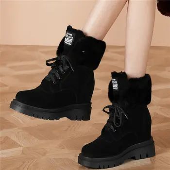 

2020 Winter Trainers Women Black Genuine Leather High Heel Ankle Boots Female High Top Warm Fur Round Toe Platform Pumps Shoes