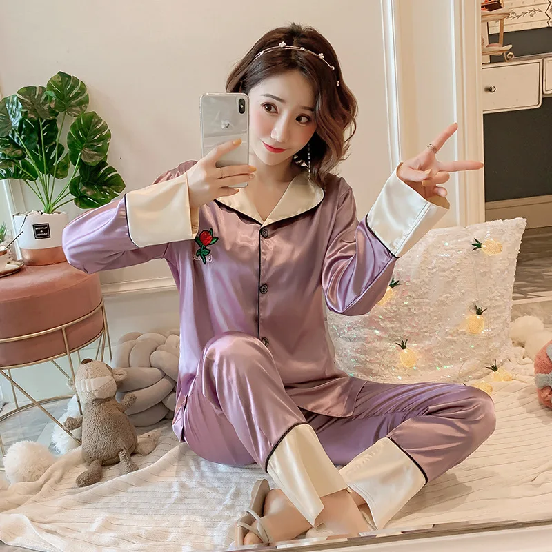 

Multi-color Selectable Long Sleeve Fold-down Collar Cardigan Rose Embroidery Satin Imitated Silk Fabric Homewear Set