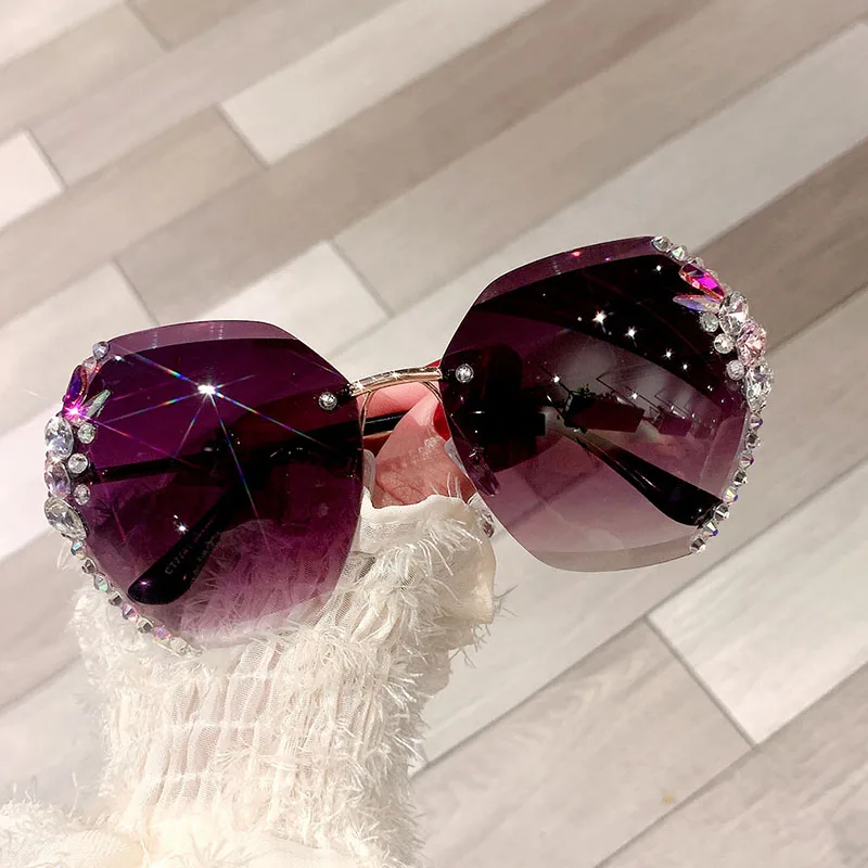 2021 Fashion Brand Design Vintage Rimless Rhinestone Sunglasses Women Men Retro Cutting Lens Gradient Sun Glasses Female UV400