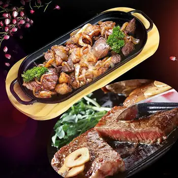 

Iron Steak Plate Steak Frying Pan Non-Stick Cooking Grill Pan With Wooden Tray BBQ Steak Cooking Supplies For Home Restaurant