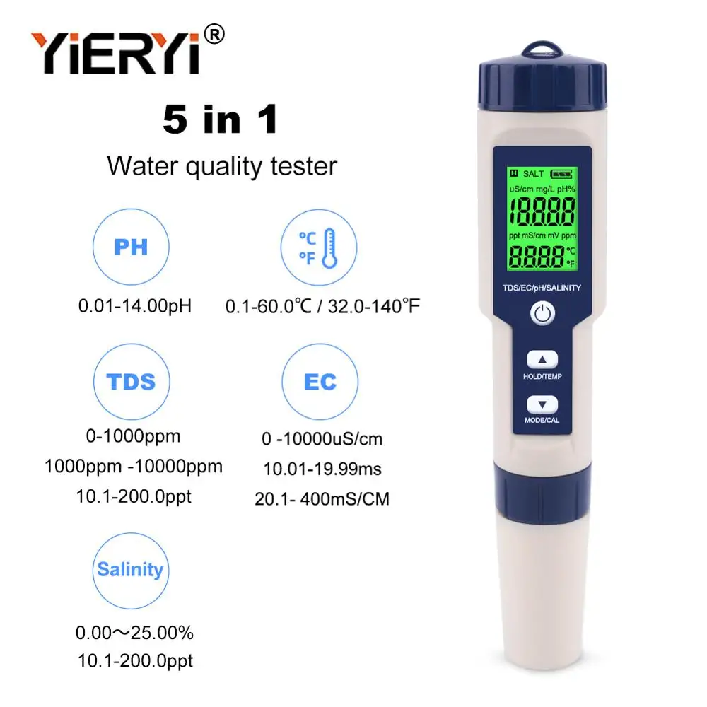 

yieryi 5 in 1 TDS/EC/PH/Salinity/Temperature Meter Digital Water Quality Monitor Tester for Pools, Drinking Water, Aquariums
