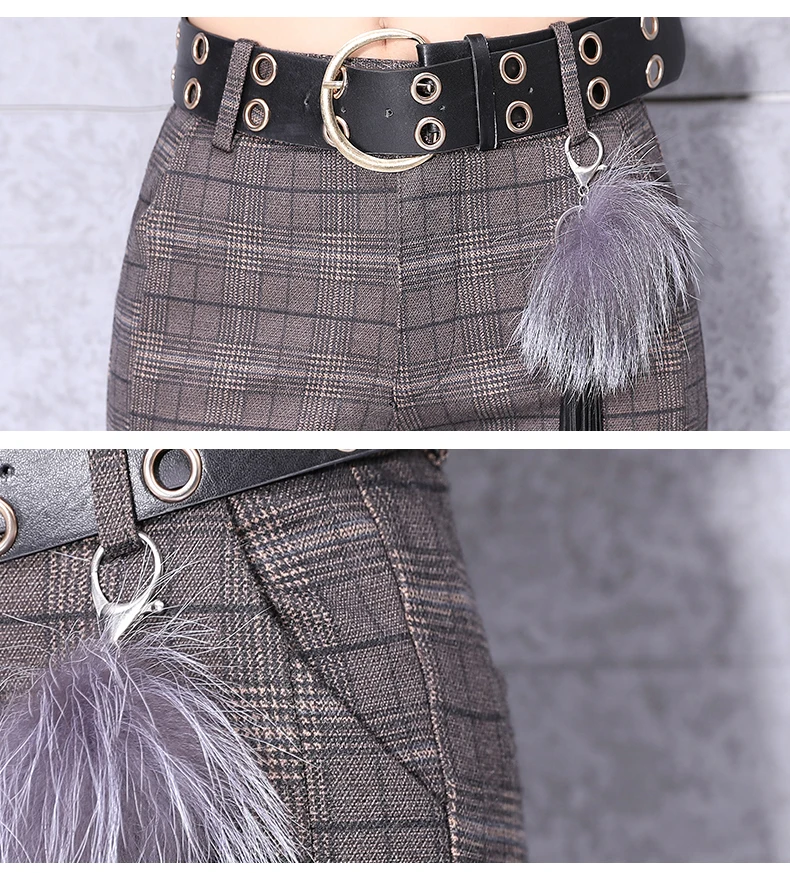 2019 New Autumn Plaid Wide Leg Pants For Women Office Work Wear Lady Pants With Belt Long Trousers Female Fashion Design Trouser (2)