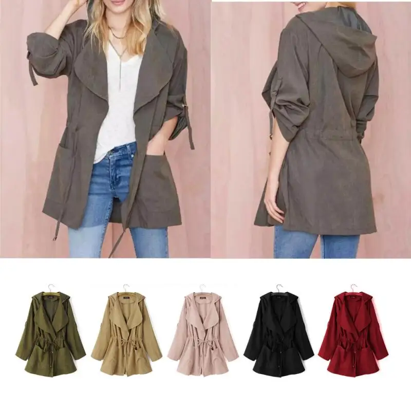 Gabardina de otoño para mujer Abrigo con capucha Casual cortavientos cuello vuelto abrigo ropa de abrigo de Color sólido cinturón Delgado abrigo