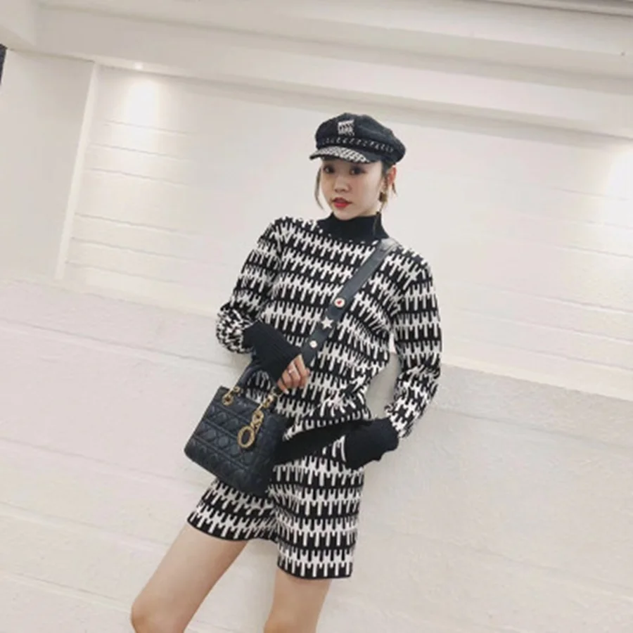 Knitted Women Black White Colors Tracksuits Suits 2020 Autumn Winter Runway Turtleneck Sweaters Tops + Short Pants 2 Pieces Sets | Женская