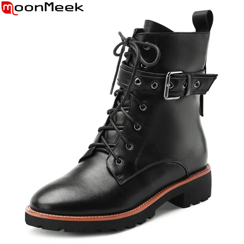 

MoonMeek 2020 New arrive hot sale genuine leather ankle boots low heel round toe lace up leisure women boots black white