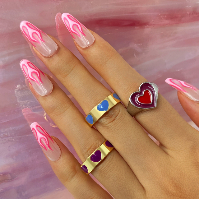 Heart Y2K Ring Set Open Cooper Rings For Women Candy Color Hand-painted Knuckle Rings Jewelry