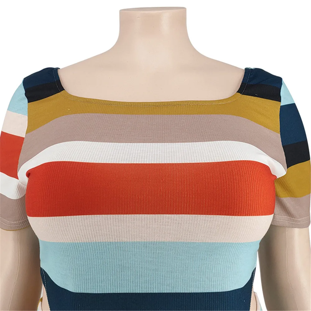 New Plus Size Ribbing Two Piece Set Women Fall Clothes Striped Short Sleeve Crop Top Skirts Sets Stretch Wholesale Dropshipping