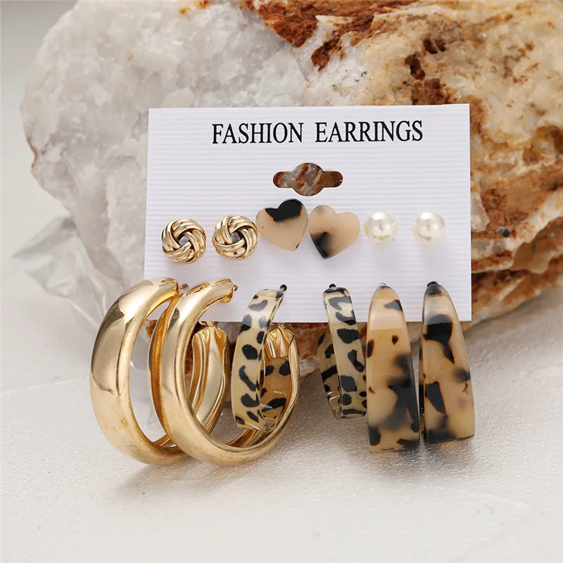 Vintage Fashion Metal Big Round Circle Hoop Earrings Set For Women Acrylic Leopard Butterfly Pearls Dangle Drop Earrings Jewelry