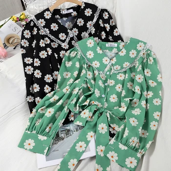 

ZCWXM Kawaii Sweey Flower Women Blouses Spring Summer Bandage Bow Vintage Blusas Mujer 2020 Lace Fashion Shirt Short New