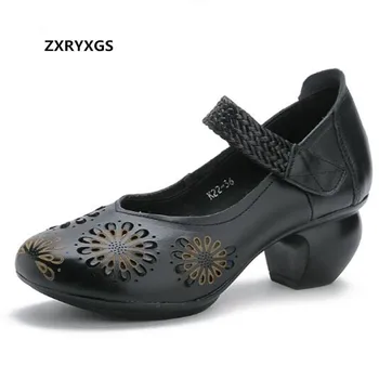

2019 Famous New Summer Autumn High End Lady Fashion Shoes Thick with High Heels Elegant Comfortable Hollow Genuine Leather Shoes