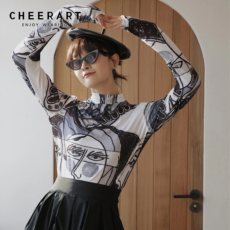 Günstige Cheerart Kunst Druck Rollkragen Bluse Frauen Langarm Vintage Top Elastische Tunika Tops Und Blusen Kleidung Herbst 2019