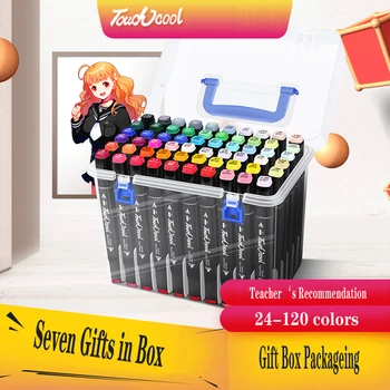 

Markers Pen Plastic Box Set 24/36/48 Color Universal Design Sketch Dual Head Drawing Art Brush Pens Alcohol Based with 7 Gifts