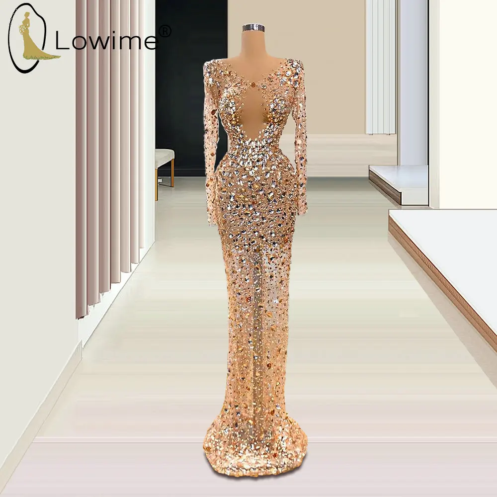 

Rose Gold Sexy See Through Long Sleeve Evening Dresses Mermaid V Neck Crystal Beaded Formal Dress for Party 2020