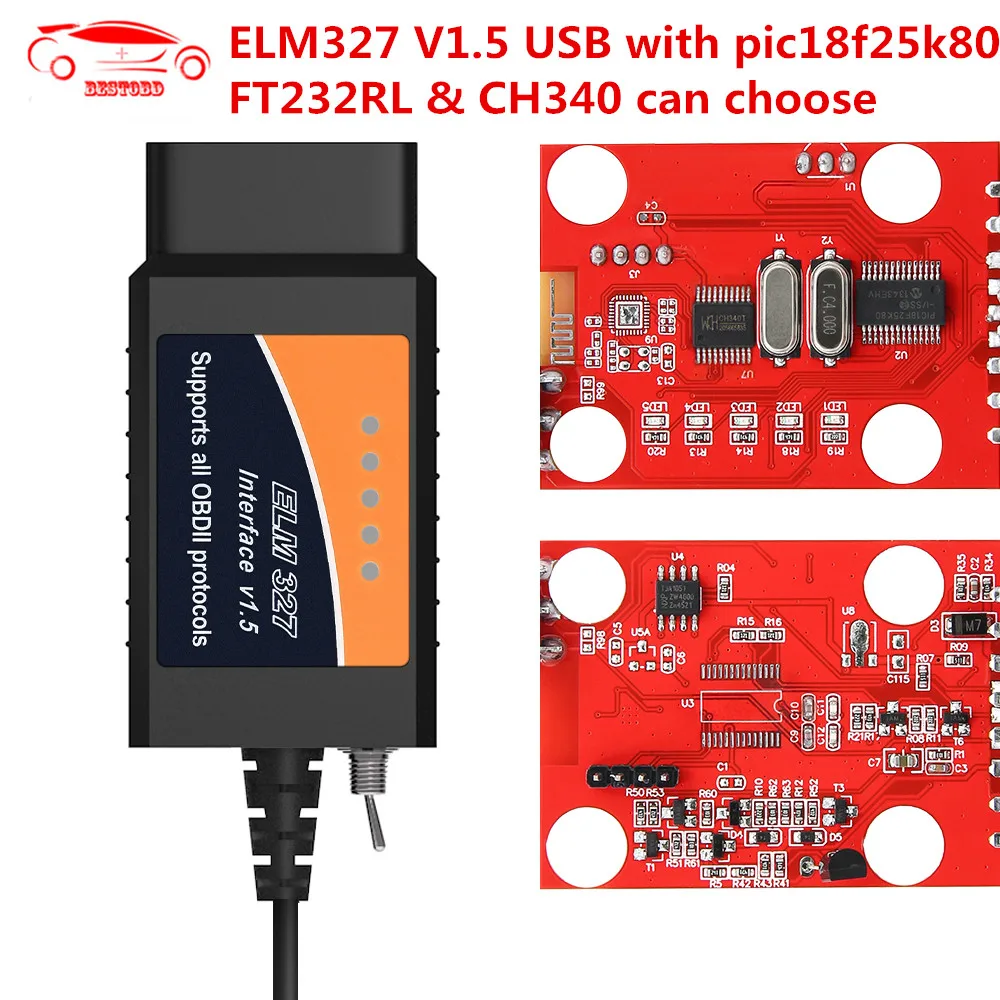 ELM327 V1.5 USB с чипом PIC18F25K80 PL2303 Драйвер IC OBDII FT232RL/CH340 чип OBD2 диагностический сканер