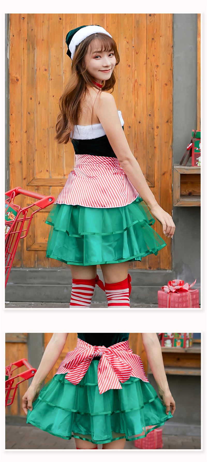 Christmas new cosplay costume Christmas Eve cute dark green Halloween cake topless striped dress Ladies play clothing