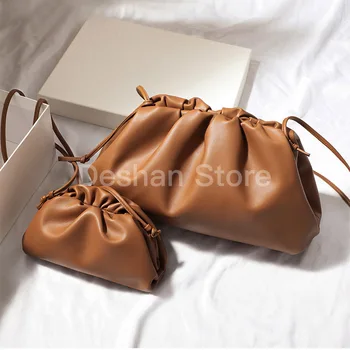 

38cm Big Leather Pouch Handbag Women 2020 Soft Hand Purse Fashion Evening Party Clutch Bag Lady Large Ruched Cloud Shoulder Bag
