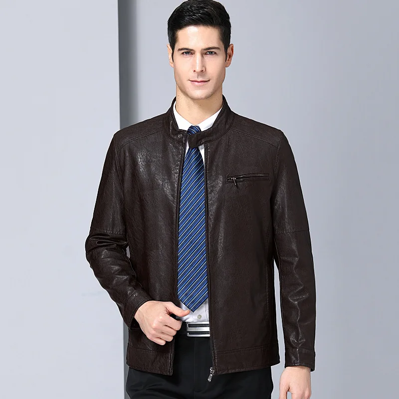 

Leather Coat Men Stand Collar Coat Faux Sheep Skin Leather Jacket Middle-aged Thin Type for Spring And Autumn Slim Fit Daddy Clo