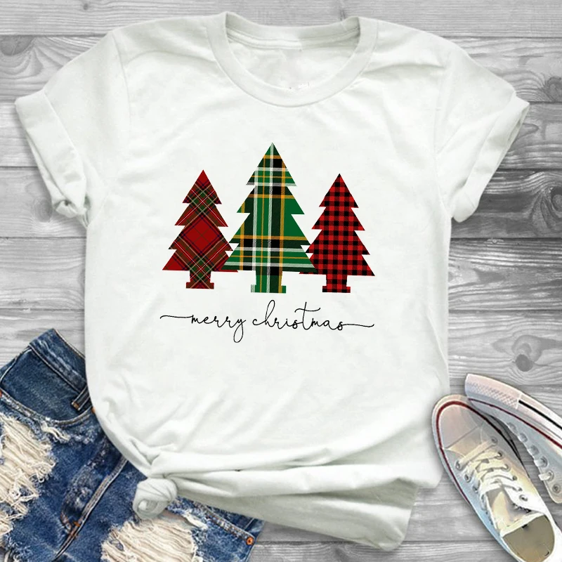 Tee Shirt Tees T-shirts Women Fashion Clothing Plaid Tree Truck New Year Merry Christmas Womens Female Graphic T Shirt T-Shirt