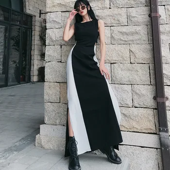 

LANMREM 2020 round neck sleeveless contrast colors pullover bandage floor length sexy vacation dress female vestido WL07801L