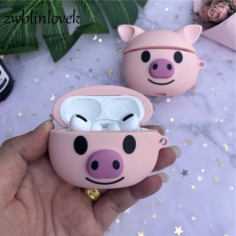 3D Cartoon Cute Pink Pig Keychain Silicone Case For Airpods 1 2 3 Wireless bluetooth Earpods Cover Keyring | Украшения и