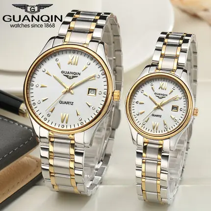 gold white Reloj pareja GUANQIN мужские часы полностью Стальные кварцевые мужские часы с календарем Модные кварцевые часы женские наручные часы relogio masculino - Цвет: gold white