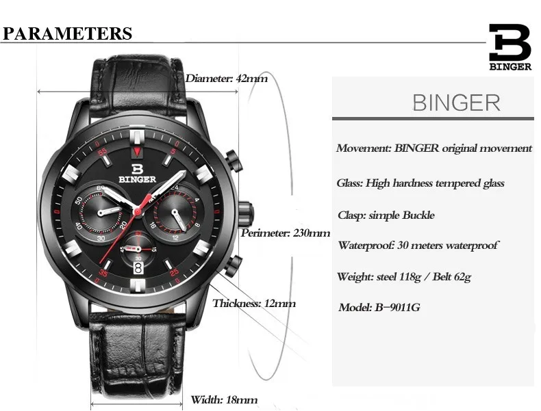 BINGER Luxury Chronograph Sport Watch