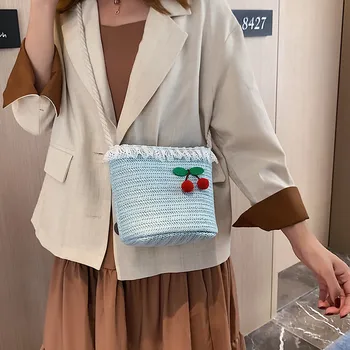

Female Shoulder Bag Straw Cherry Women's Small Fresh Lace Bucket Handbags Zipper Messenger Bag Handbag Cross Body Female #YJ