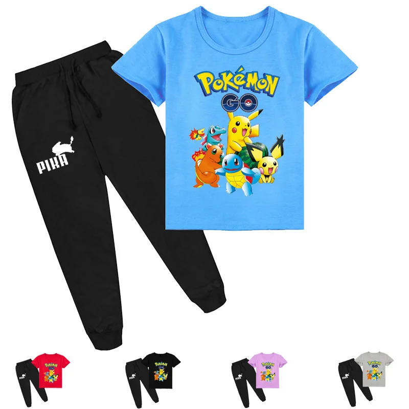 

Pokemon Summer Children's Clothing Suit Cartoon Printing Cute Pikachu Children's Round Neck Short-sleeved T-shirt Trousers