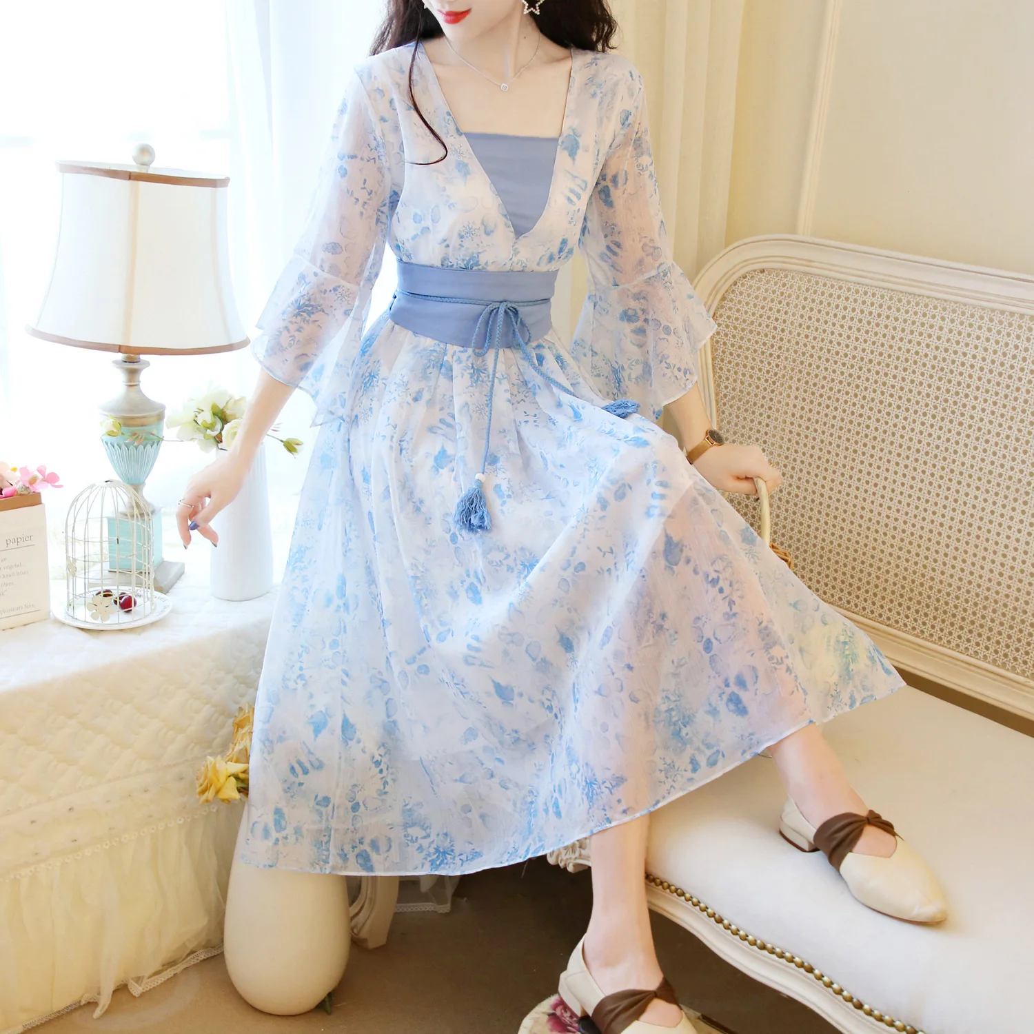 

Summer Chinese Clothing Women's Chinese-style Improved han dynasty Element Dress Antique Style Daily Life Chiffon Embroidered Lo