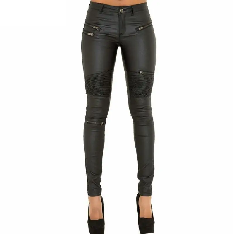 Женские брюки из искусственной кожи, эластичные кожаные брюки на молнии, Leren Broeken - Цвет: Black