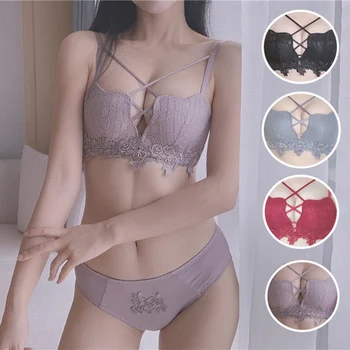 

1PC Bra Set Women Sexy Front Cross Wire Free Breathable bra set Comfortable 3/4 Cup Embroidery Lace Side Bralette #15