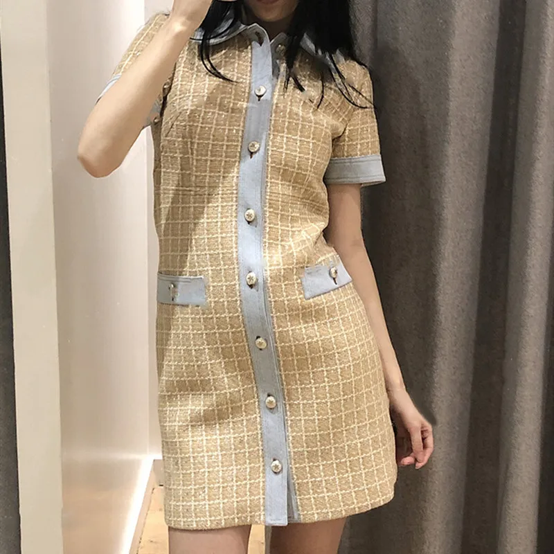 

Women Tweed Dress Denim Patchwork Short Sleeve Mini Dress Spring Summer Female Clothing