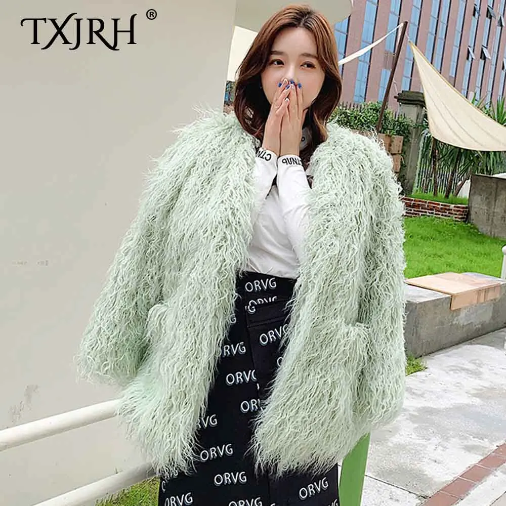 

TXJRH Korea Style Mint Green Faux Lamb Mongolia Sheep Fur Long Hairy Shaggy Outwear Women Keep Warm Jacket Coat Tops 3 Colors