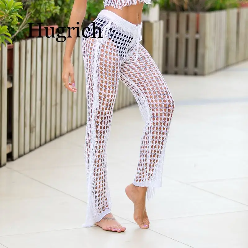 Crochet Beach Cover Ups Women Solid Cotton Beach Pants Tassels Beachwear Saida De Praia Swimsuit Cover Up Fishnet  Beach Wear