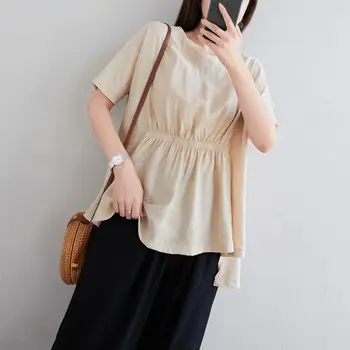 

COIGARSAM Short Sleeve blouse women New Summer Loose Cotton Linen O-Neck High Waist blusas womens tops and blouses Yellow 1056